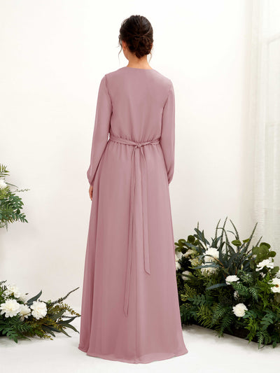 Carlyna A-Linien-Kleid V-Ausschnitt Langarm Bodenlang Brautjungfernkleid Klassisch Mauve #farbe_klassisch-mauve