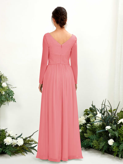 Carlyna A-Linien-Kleid V-Ausschnitt Langarm bodenlang Brautjungfernkleid Korallenrosa #farbe_korallenrosa