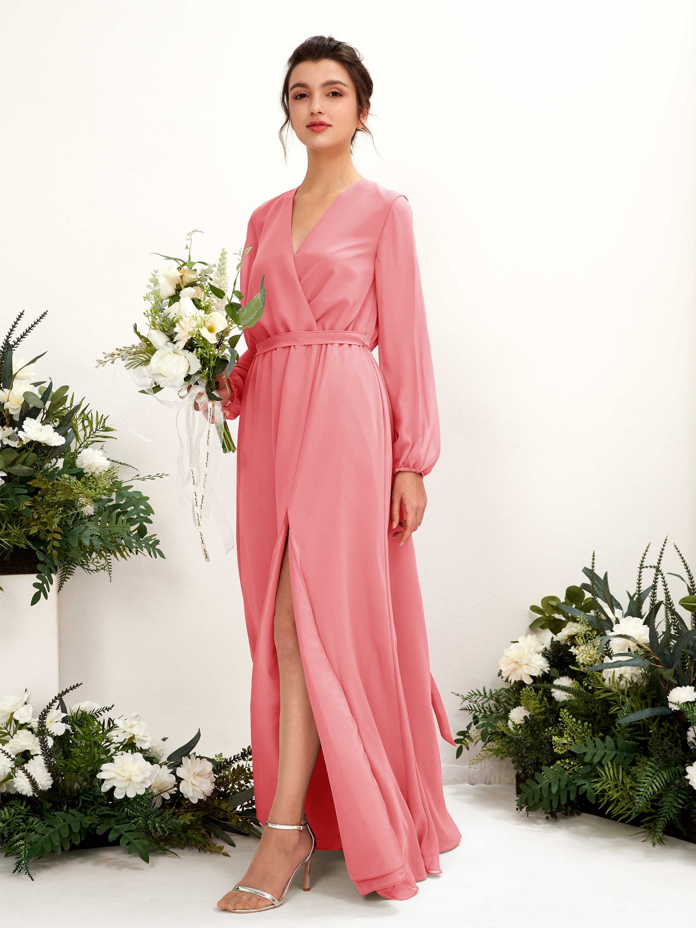 Carlyna A-Linien-Kleid V-Ausschnitt Langarm Bodenlang Brautjungfernkleid Korallenrosa #farbe_korallenrosa