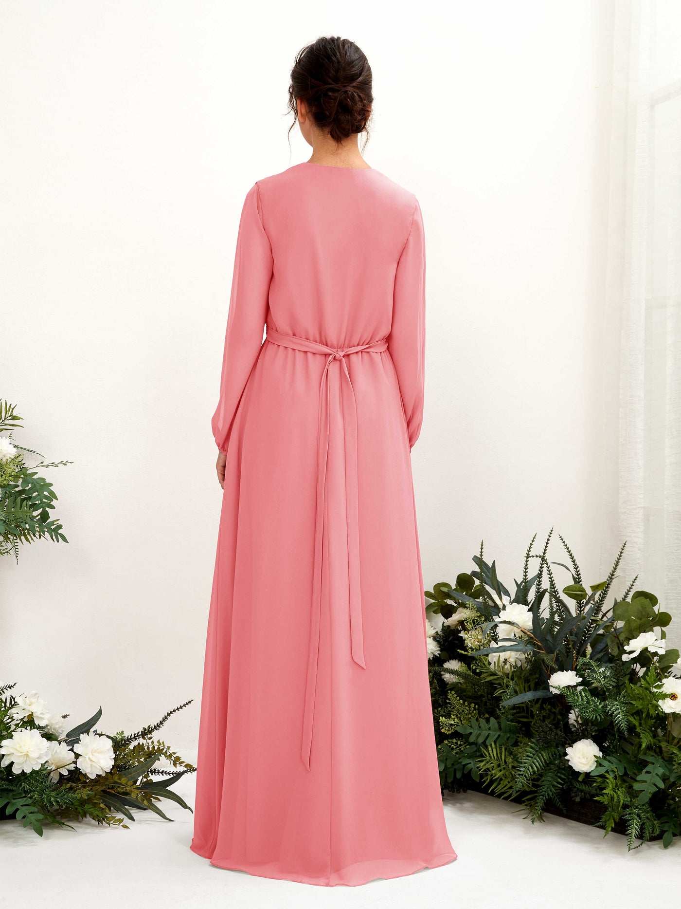 Carlyna A-Linien-Kleid V-Ausschnitt Langarm Bodenlang Brautjungfernkleid Korallenrosa #farbe_korallenrosa