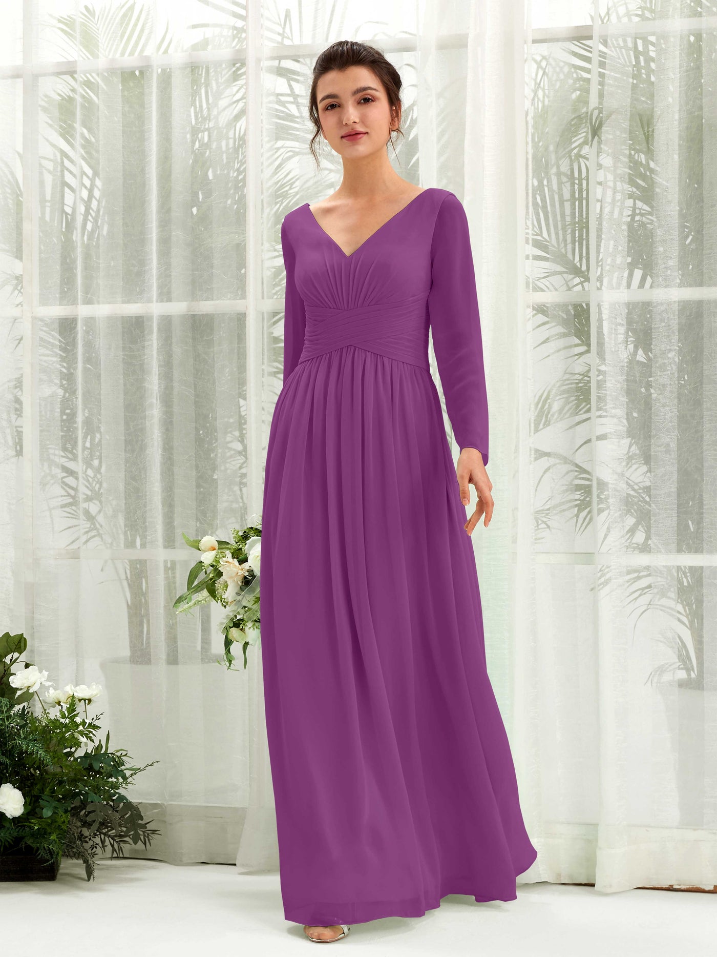 Carlyna A-Linien-Kleid V-Ausschnitt Langarm bodenlang Brautjungfernkleid Lila #farbe_lila