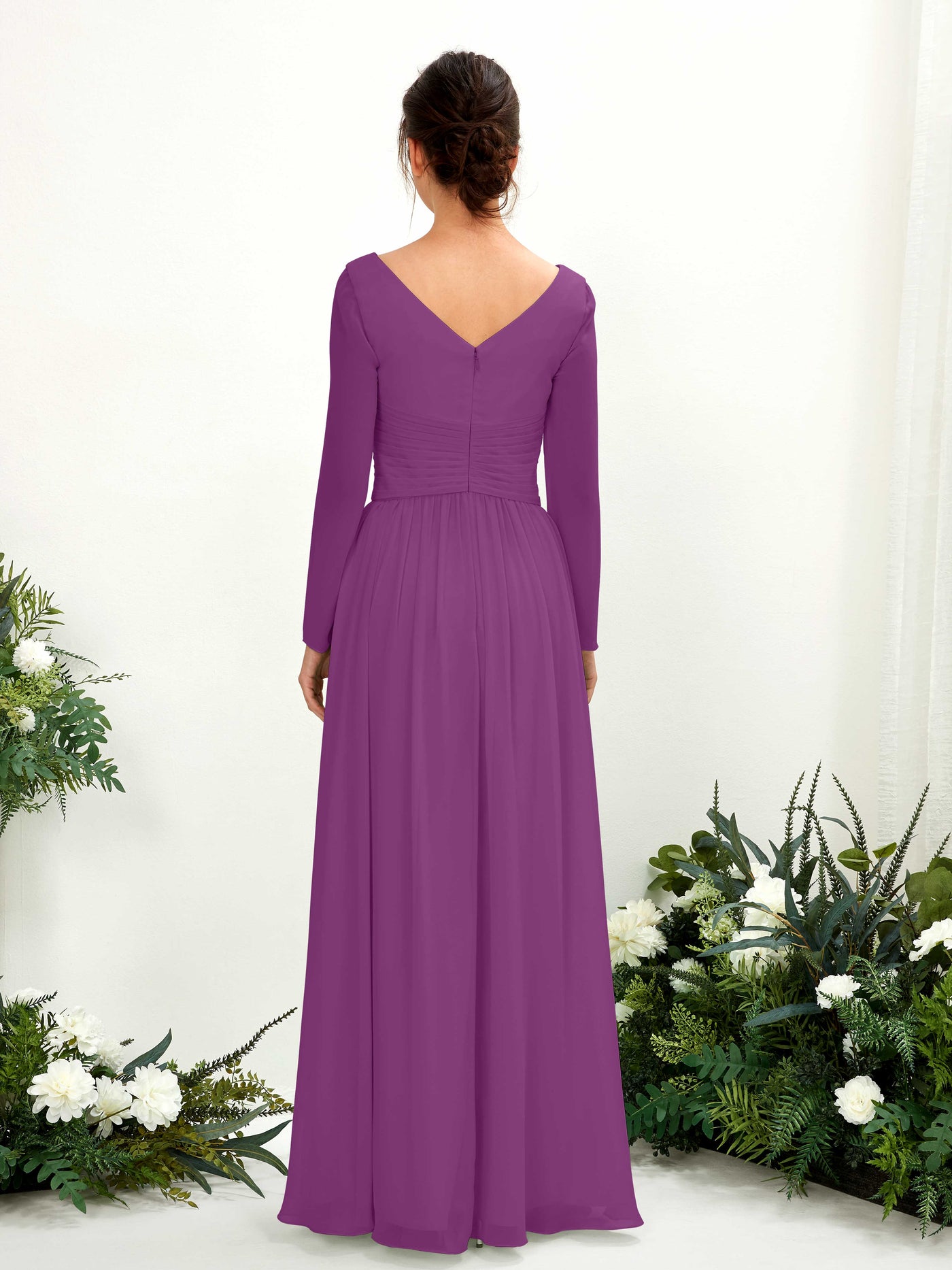 Carlyna A-Linien-Kleid V-Ausschnitt Langarm bodenlang Brautjungfernkleid Lila #farbe_lila