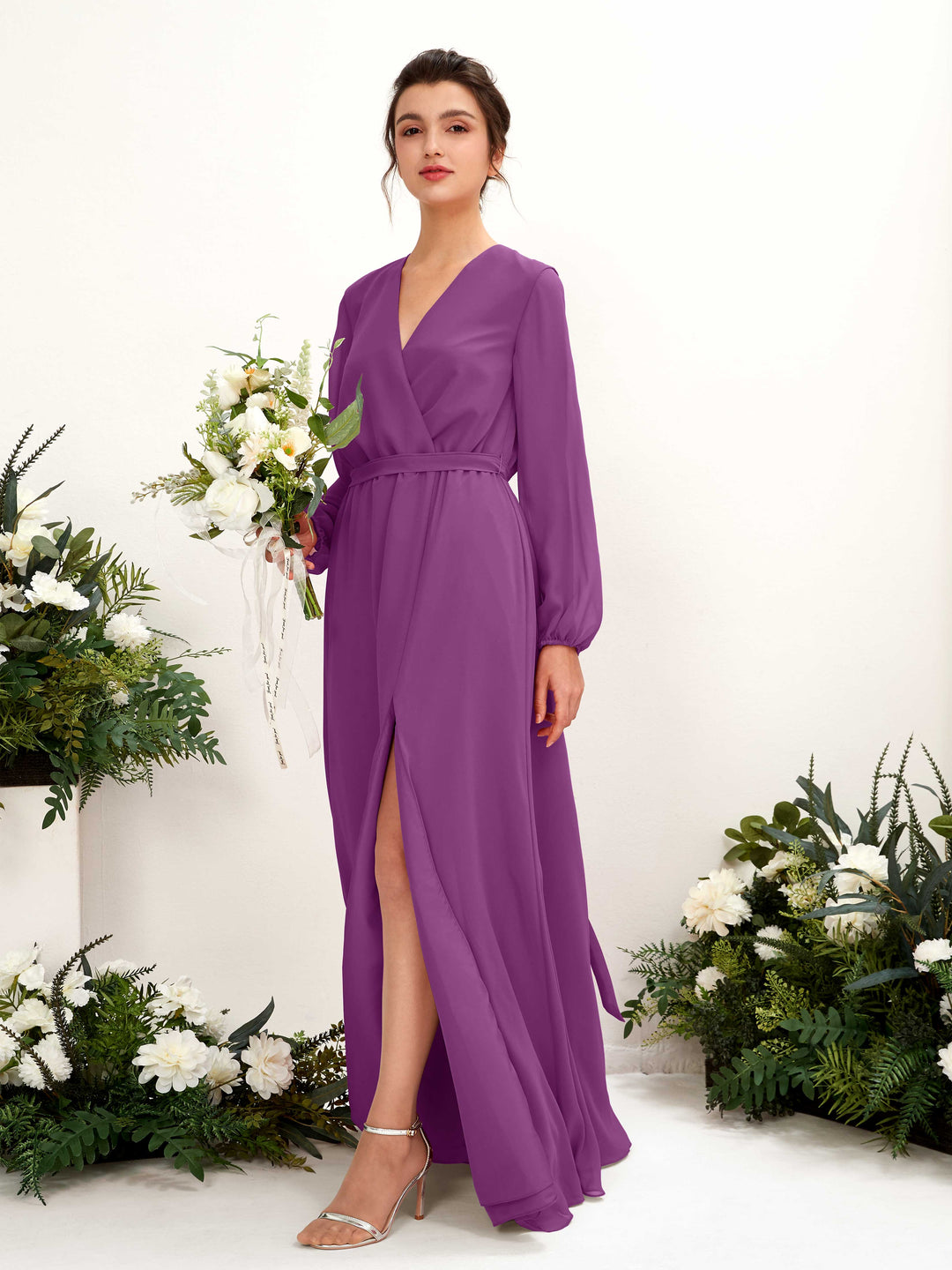Carlyna A-Linien-Kleid V-Ausschnitt Langarm Bodenlang Brautjungfernkleid Lila 