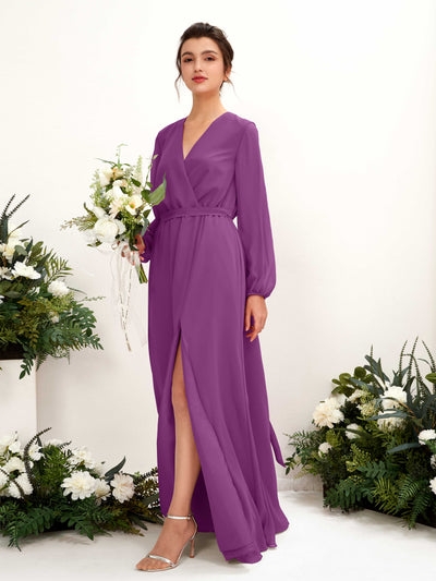Carlyna A-Linien-Kleid V-Ausschnitt Langarm Bodenlang Brautjungfernkleid Lila #farbe_lila