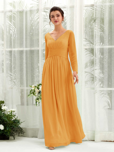 Carlyna A-Linien-Kleid V-Ausschnitt Langarm bodenlang Brautjungfernkleid Mango #farbe_mango
