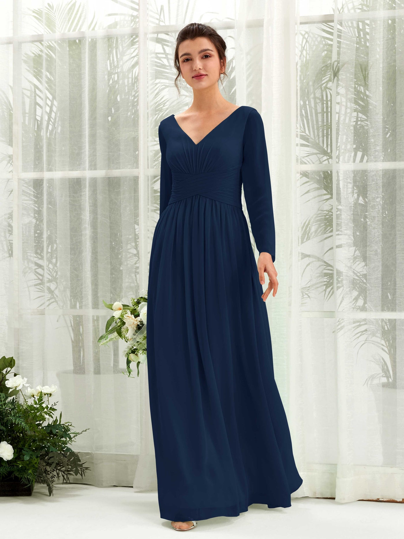 Carlyna A-Linien-Kleid V-Ausschnitt Langarm bodenlang Brautjungfernkleid Marineblau #farbe_marineblau