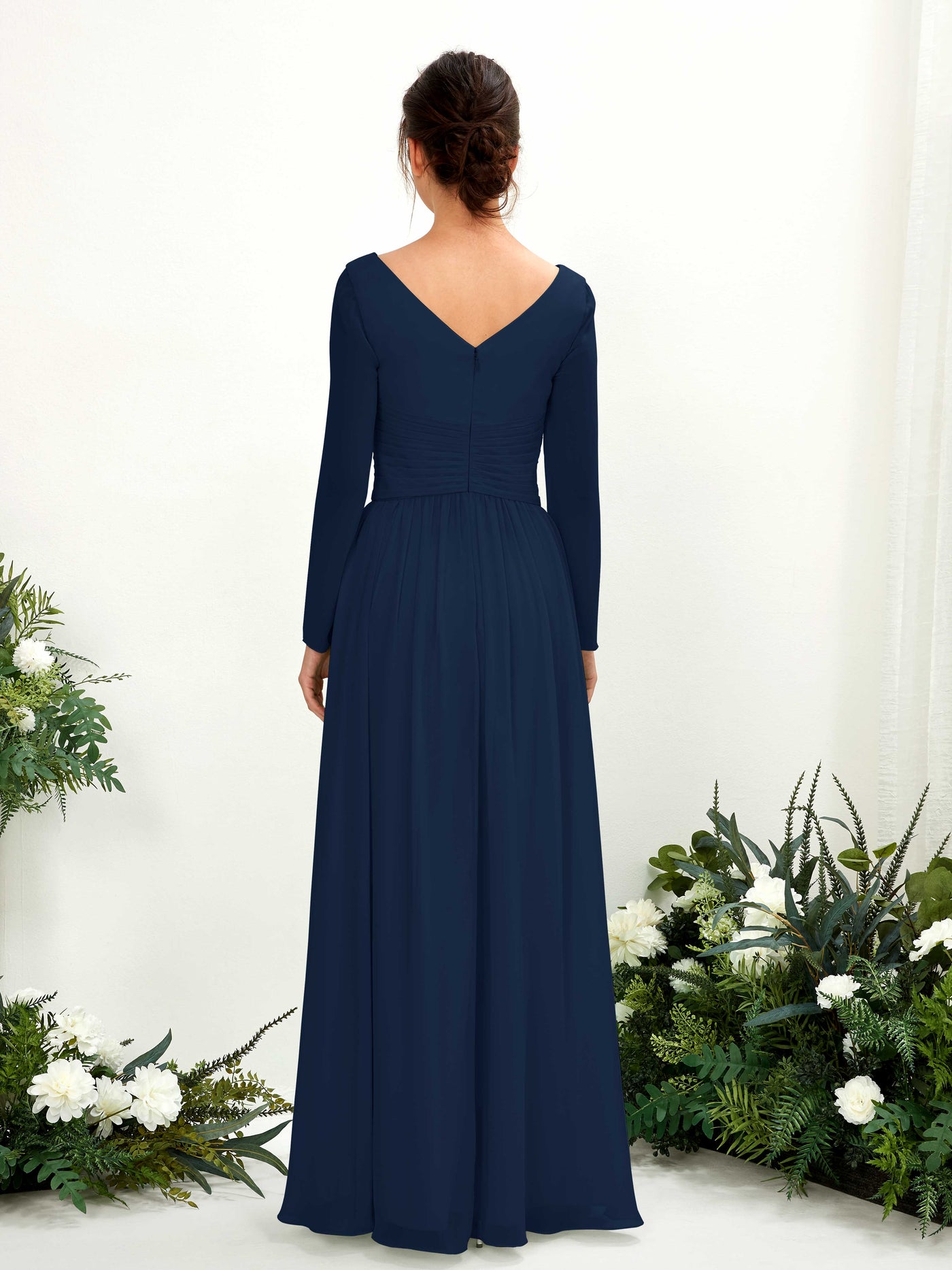 Carlyna A-Linien-Kleid V-Ausschnitt Langarm bodenlang Brautjungfernkleid Marineblau #farbe_marineblau