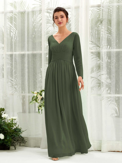 Carlyna A-Linien-Kleid V-Ausschnitt Langarm bodenlang Brautjungfernkleid Martini-Olive #farbe_martini-olive