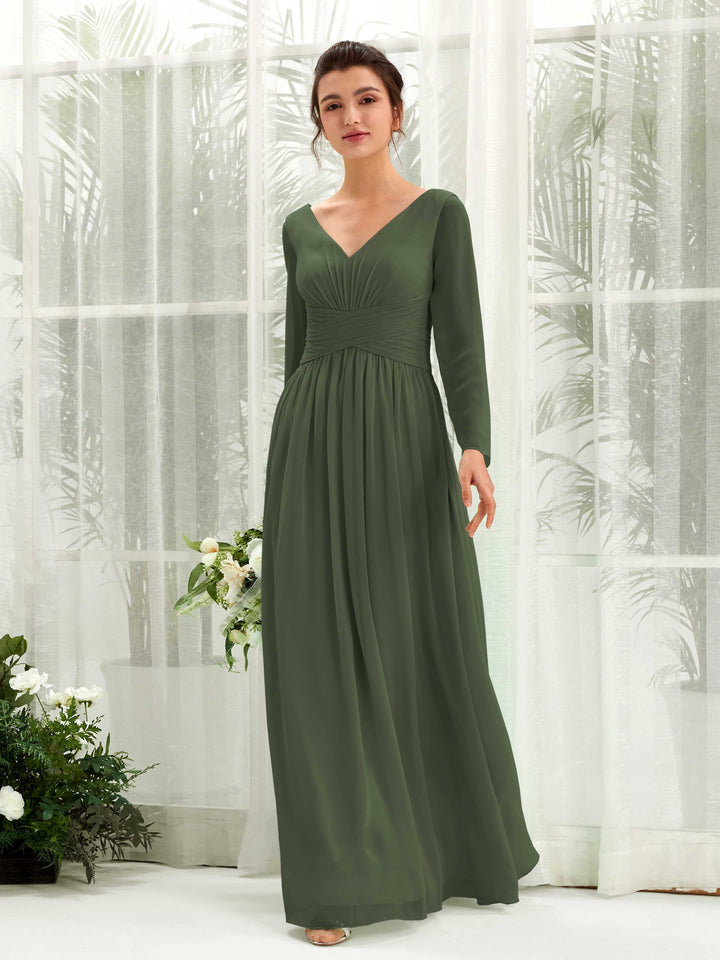 Carlyna A-Linien-Kleid V-Ausschnitt Langarm bodenlang Brautjungfernkleid Martini-Olive 