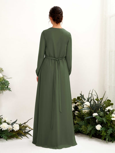 Carlyna A-Linien-Kleid V-Ausschnitt Langarm Bodenlang Brautjungfernkleid Martini-Olive #farbe_martini-olive