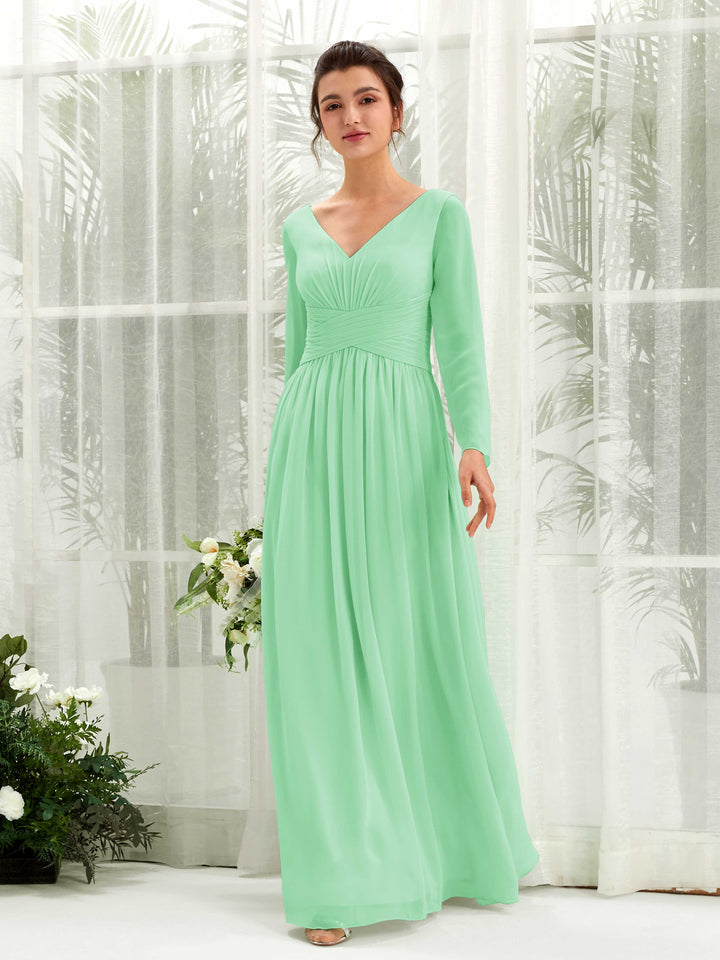 Carlyna A-Linien-Kleid V-Ausschnitt Langarm bodenlang Brautjungfernkleid Minzgrün 