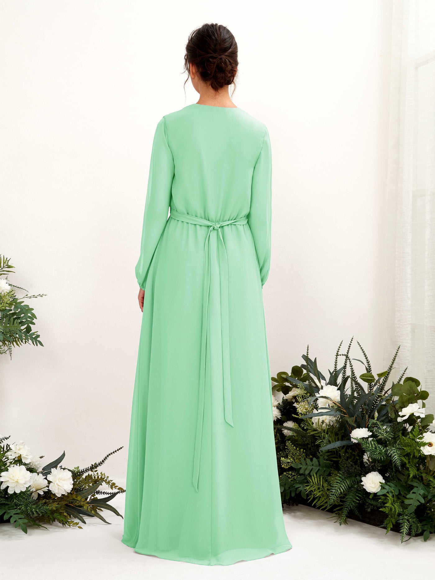 Carlyna A-Linien-Kleid V-Ausschnitt Langarm Bodenlang Brautjungfernkleid Minzgrün #farbe_minzgr-n