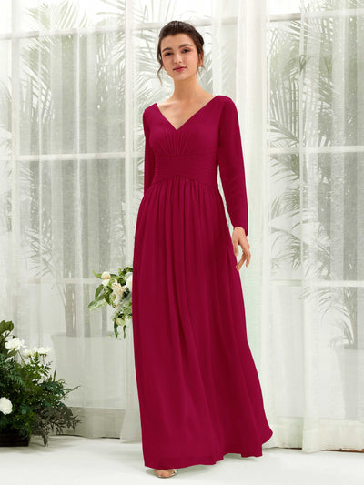 Carlyna A-Linien-Kleid V-Ausschnitt Langarm bodenlang Brautjungfernkleid Narrenrot #farbe_narrenrot