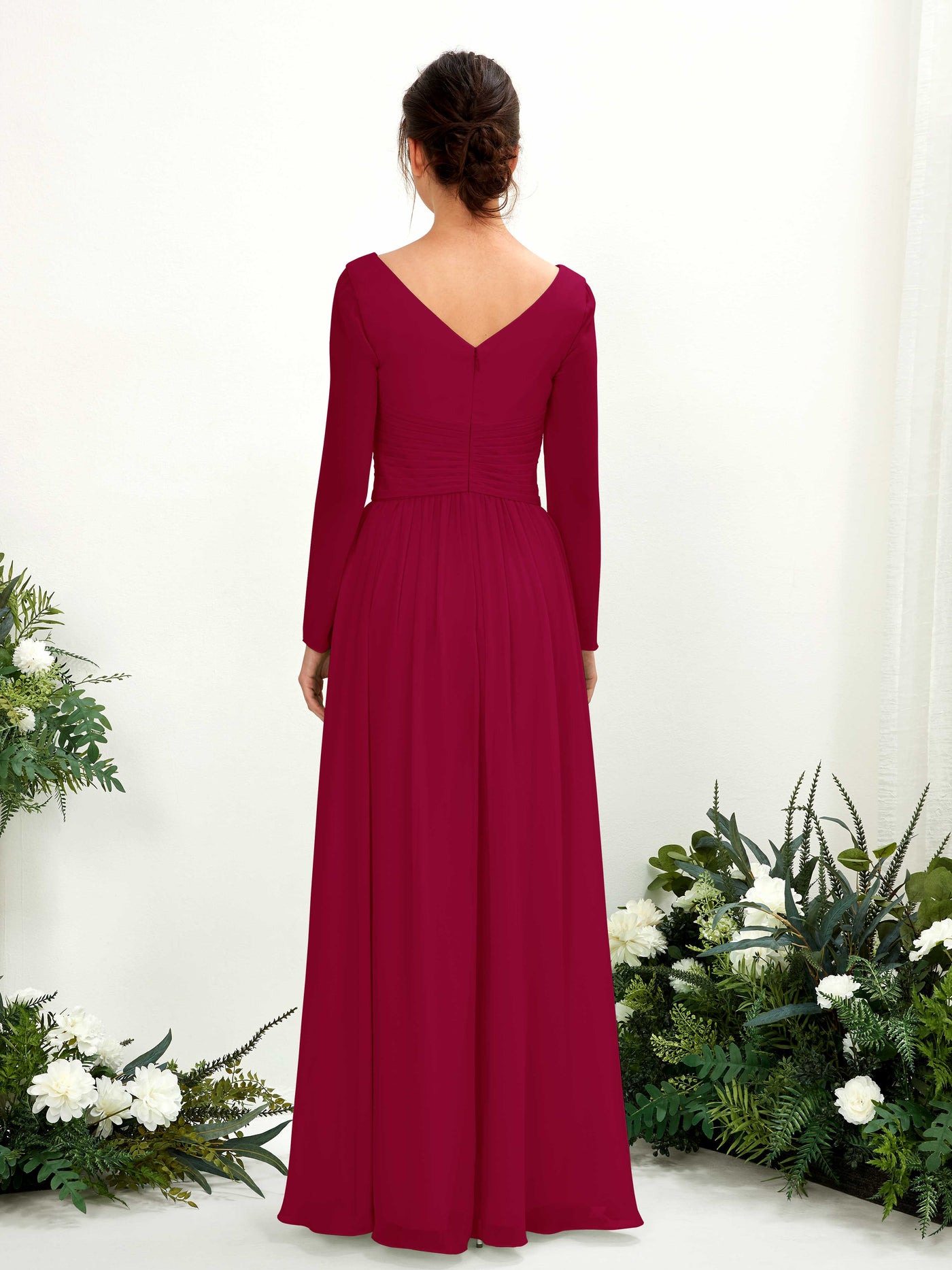 Carlyna A-Linien-Kleid V-Ausschnitt Langarm bodenlang Brautjungfernkleid Narrenrot #farbe_narrenrot