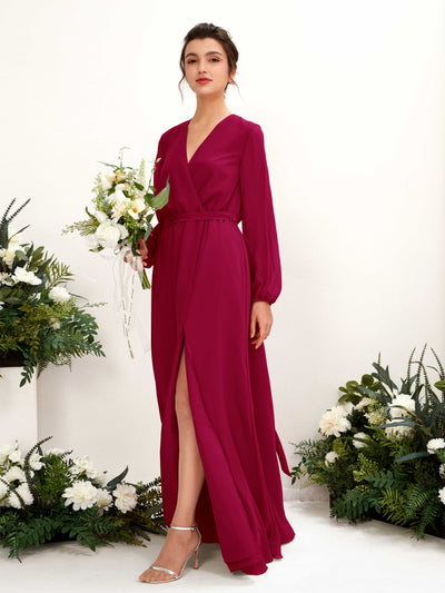 Carlyna A-Linien-Kleid V-Ausschnitt Langarm Bodenlang Brautjungfernkleid Narrenrot #farbe_narrenrot