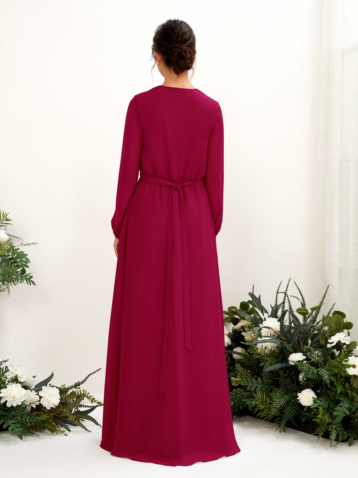 Carlyna A-Linien-Kleid V-Ausschnitt Langarm Bodenlang Brautjungfernkleid Narrenrot #farbe_narrenrot