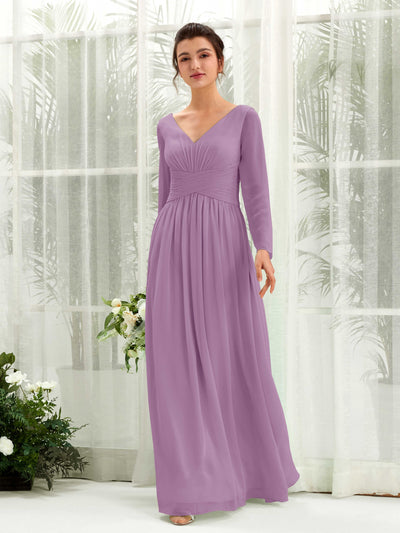 Carlyna A-Linien-Kleid V-Ausschnitt Langarm bodenlang Brautjungfernkleid Orchideen-Nebel #farbe_orchideen-nebel