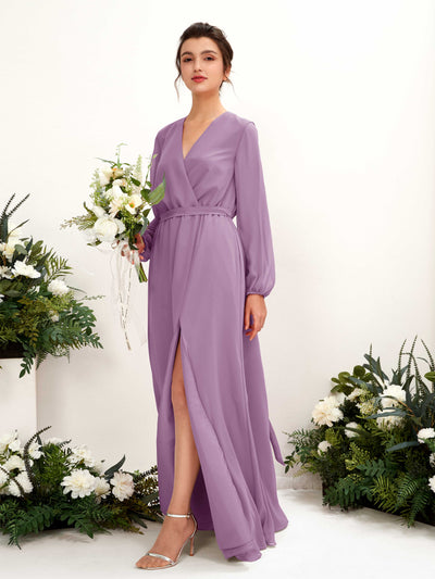 Carlyna A-Linien-Kleid V-Ausschnitt Langarm Bodenlang Brautjungfernkleid Orchideen-Nebel #farbe_orchideen-nebel