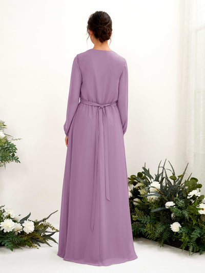 Carlyna A-Linien-Kleid V-Ausschnitt Langarm Bodenlang Brautjungfernkleid Orchideen-Nebel #farbe_orchideen-nebel