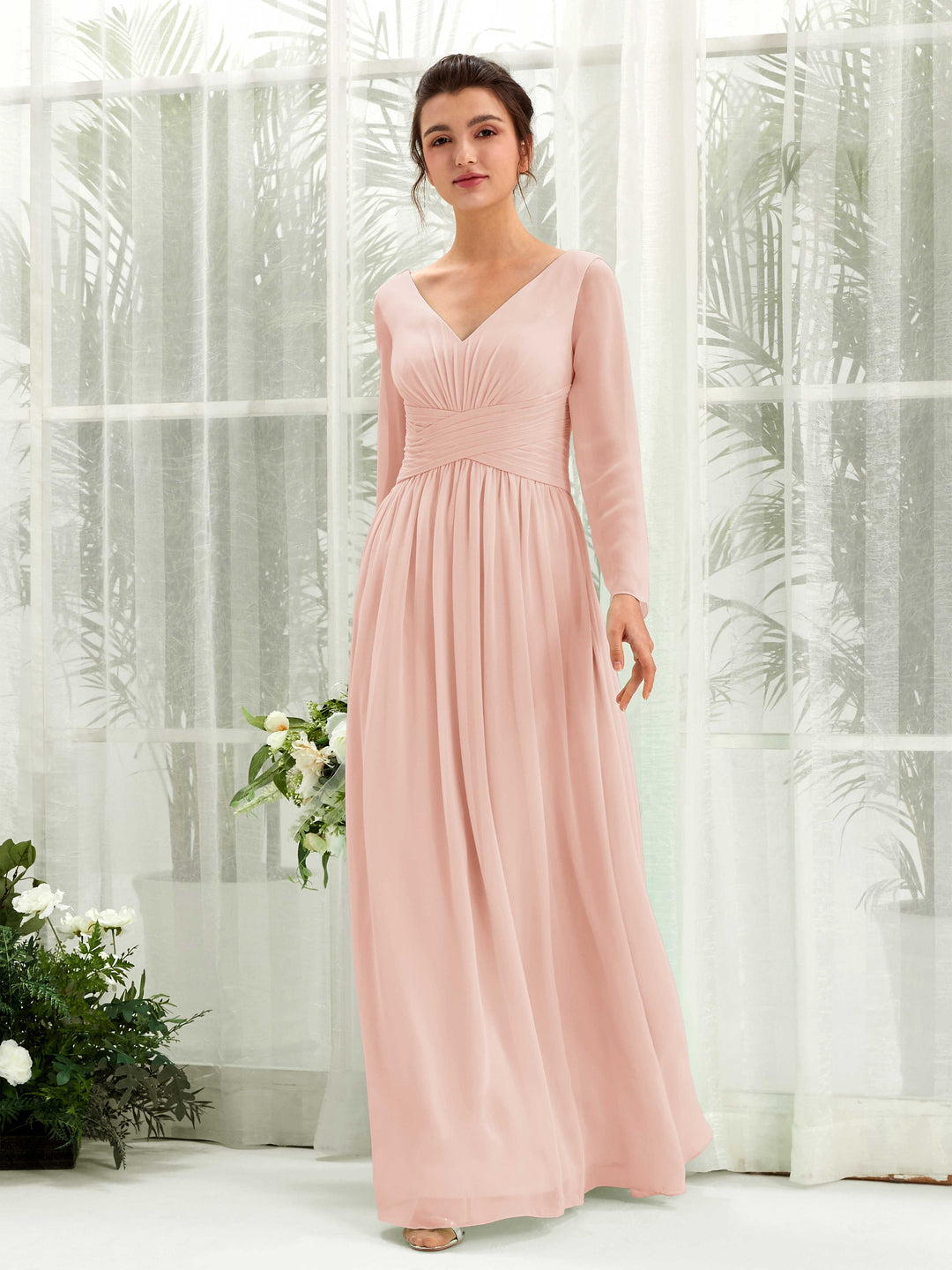 Carlyna A-Linien-Kleid V-Ausschnitt Langarm bodenlang Brautjungfernkleid Perlrosa 