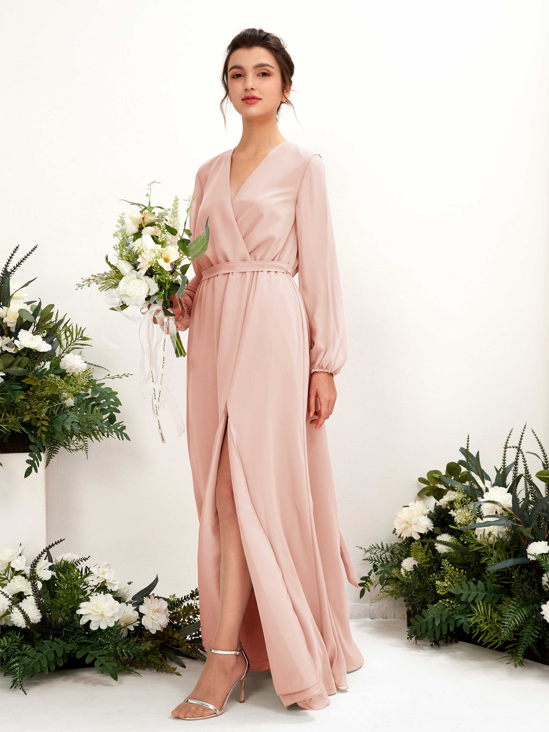 Carlyna A-Linien-Kleid V-Ausschnitt Langarm Bodenlang Brautjungfernkleid Perlrosa 