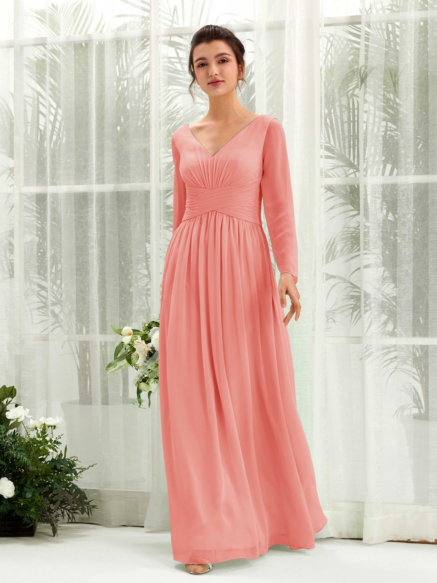 Carlyna A-Linien-Kleid V-Ausschnitt Langarm bodenlang Brautjungfernkleid Pfirsichrosa #farbe_pfirsichrosa