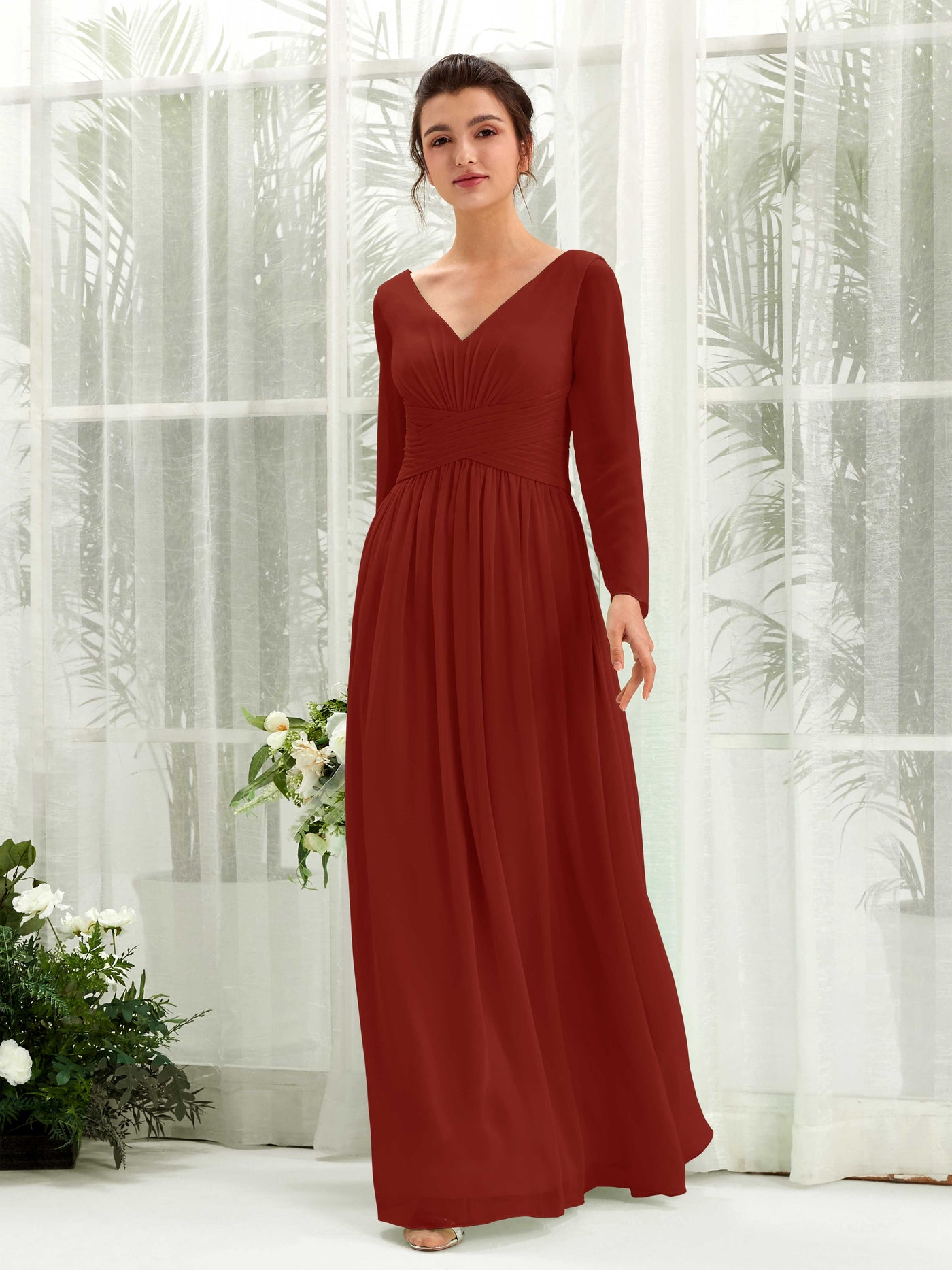 Carlyna A-Linien-Kleid V-Ausschnitt Langarm bodenlang Brautjungfernkleid Rostrot #farbe_rostrot