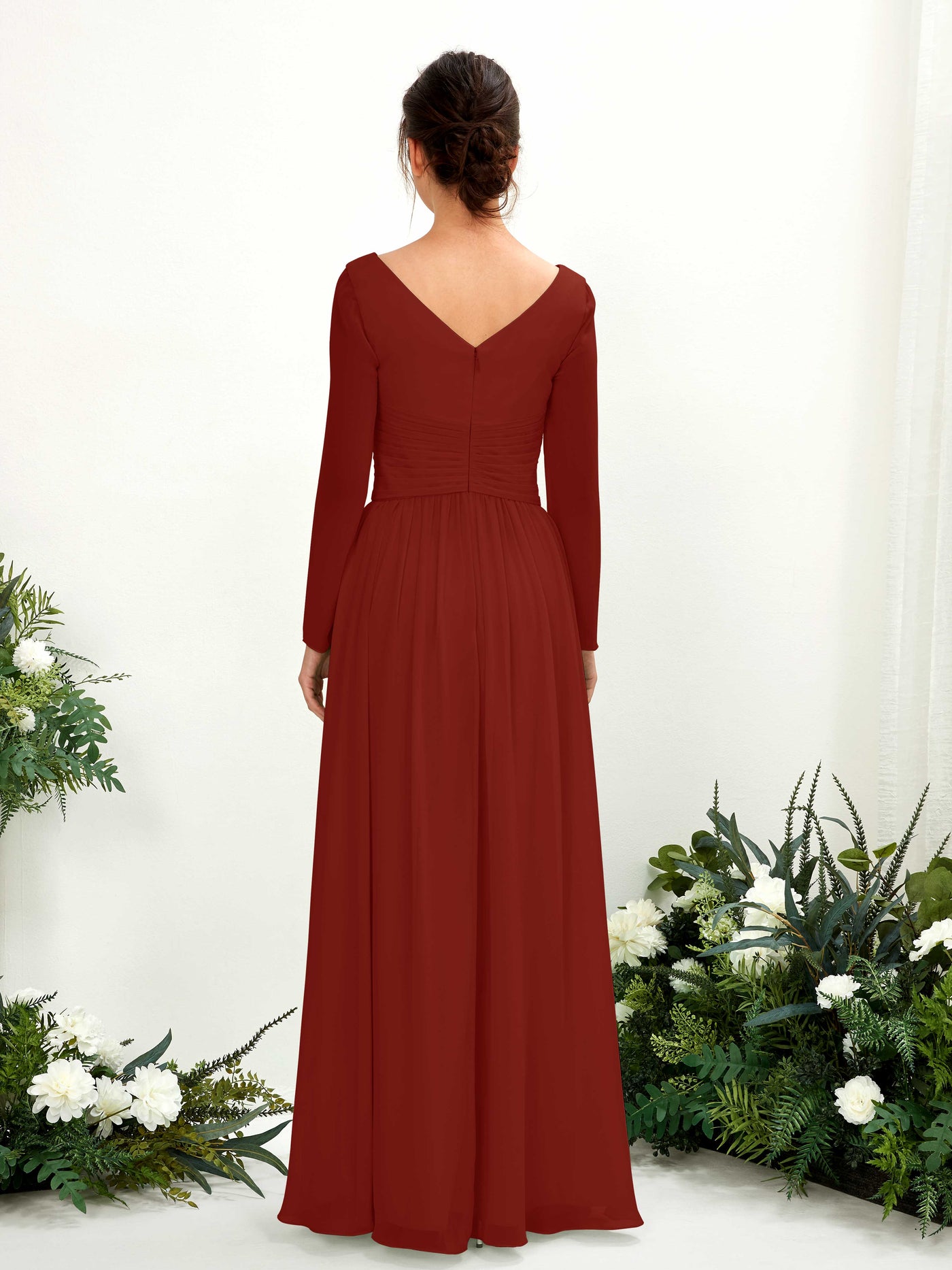 Carlyna A-Linien-Kleid V-Ausschnitt Langarm bodenlang Brautjungfernkleid Rostrot #farbe_rostrot