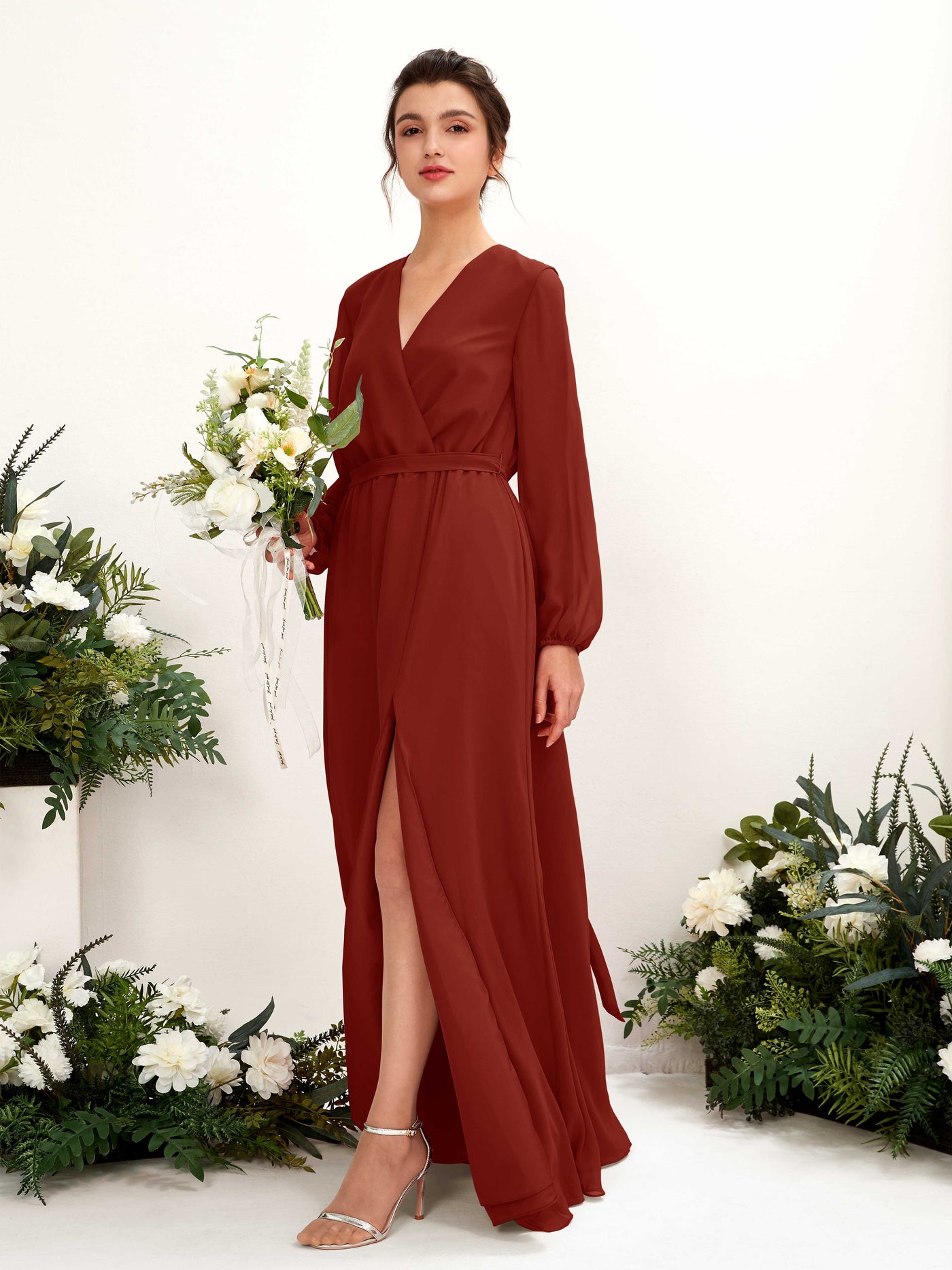 Carlyna A-Linien-Kleid V-Ausschnitt Langarm Bodenlang Brautjungfernkleid Rostrot #farbe_rostrot