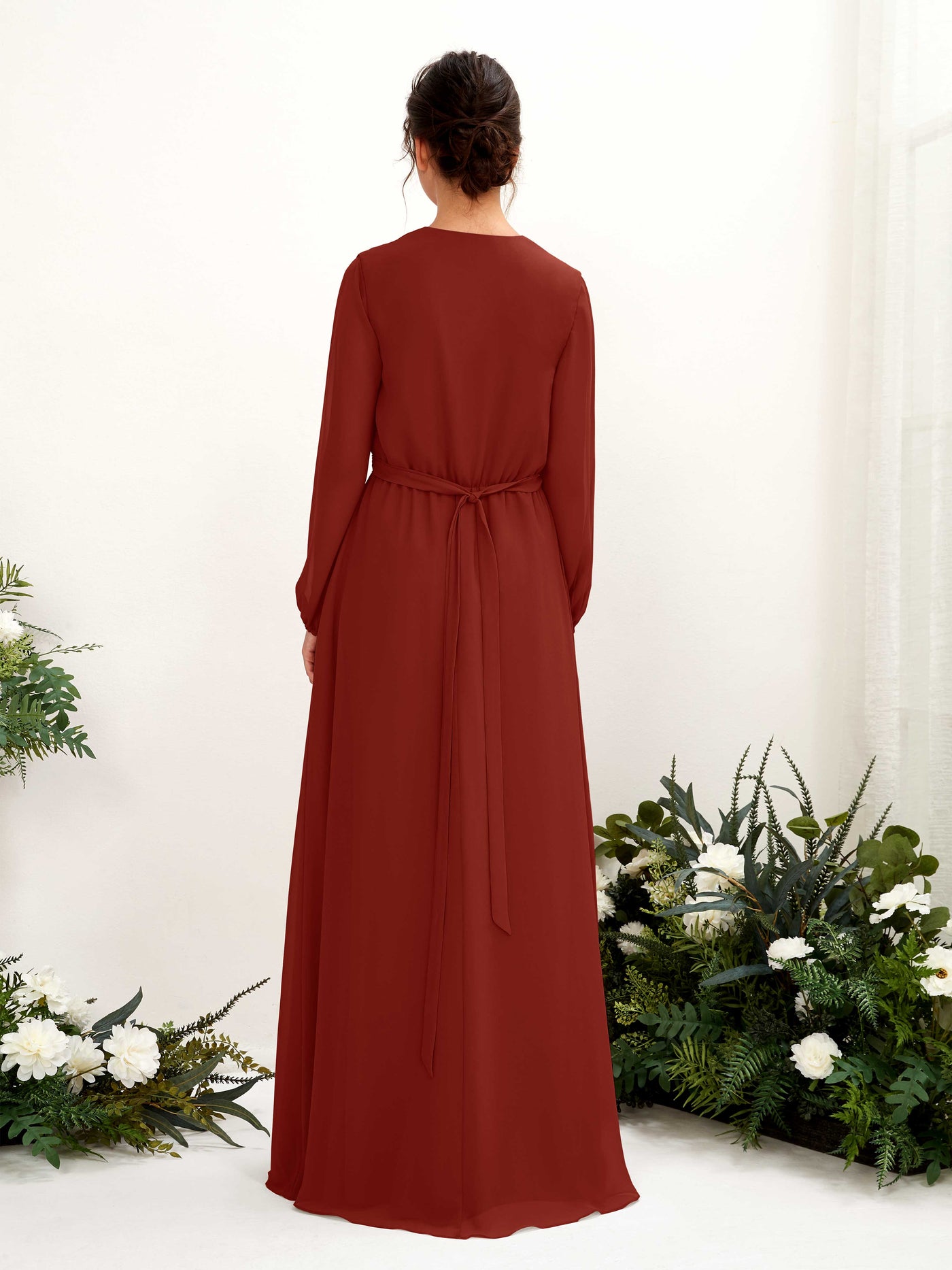 Carlyna A-Linien-Kleid V-Ausschnitt Langarm Bodenlang Brautjungfernkleid Rostrot #farbe_rostrot
