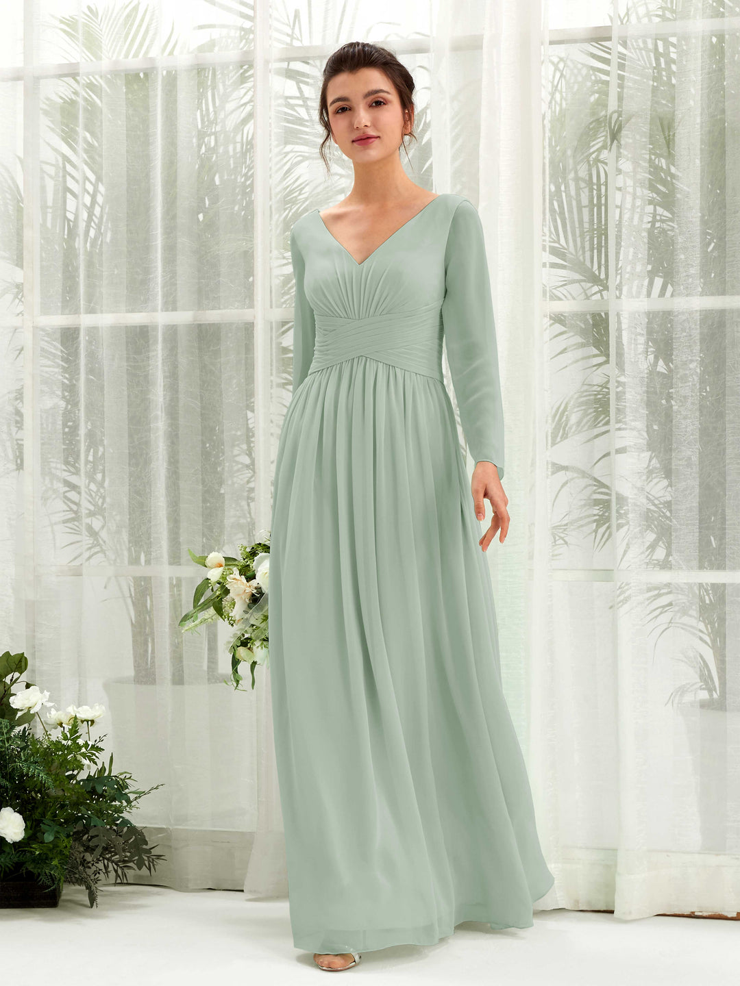 Carlyna A-Linien-Kleid V-Ausschnitt Langarm bodenlang Brautjungfernkleid Salbeigrün 