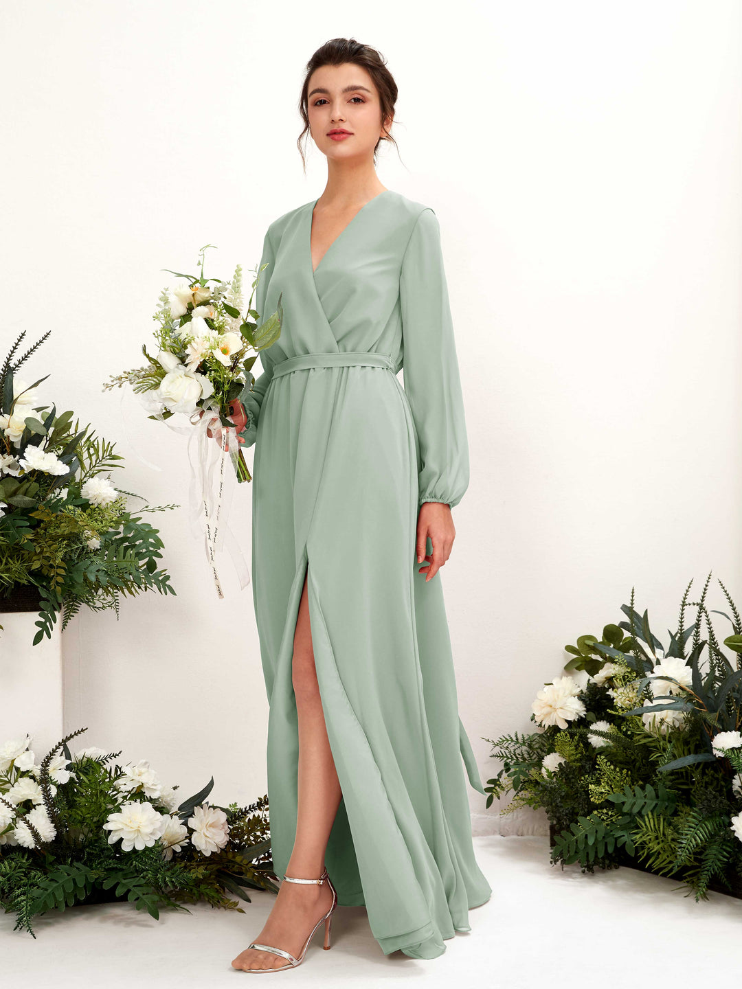 Carlyna A-Linien-Kleid V-Ausschnitt Langarm Bodenlang Brautjungfernkleid Salbeigrün 