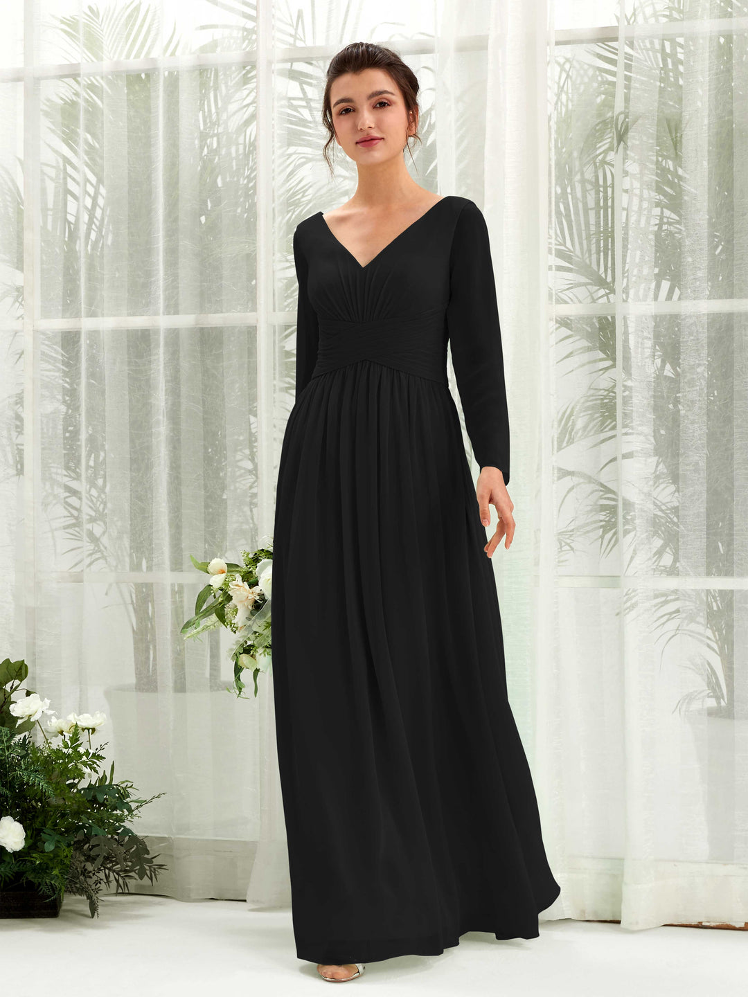 Carlyna A-Linien-Kleid V-Ausschnitt Langarm bodenlang Brautjungfernkleid Schwarz 