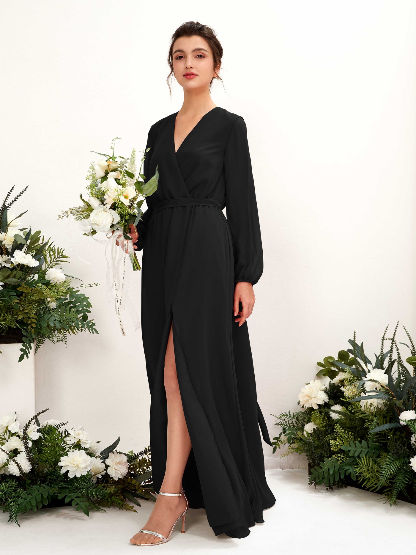 Carlyna A-Linien-Kleid V-Ausschnitt Langarm Bodenlang Brautjungfernkleid Schwarz #farbe_schwarz