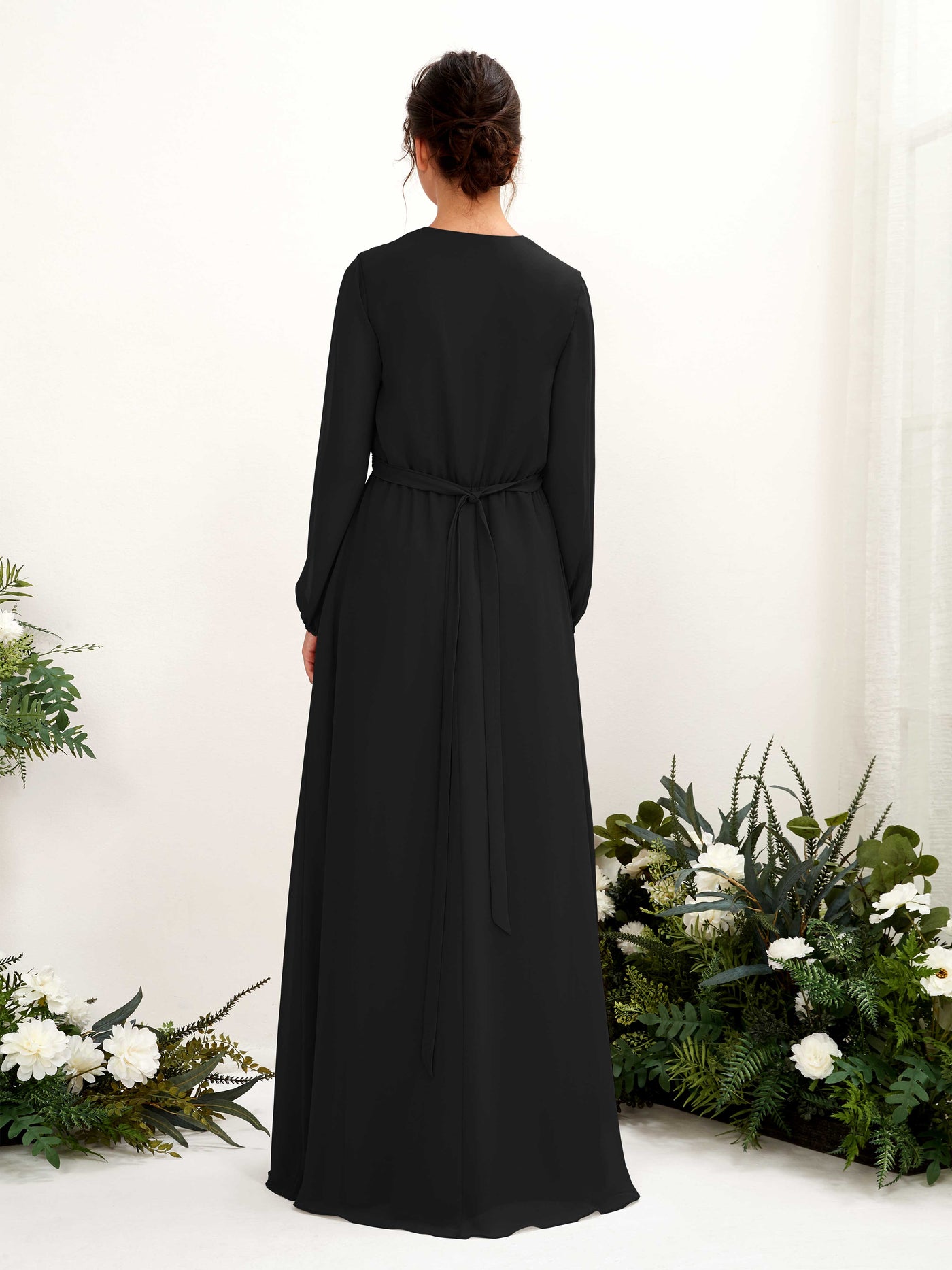 Carlyna A-Linien-Kleid V-Ausschnitt Langarm Bodenlang Brautjungfernkleid Schwarz #farbe_schwarz