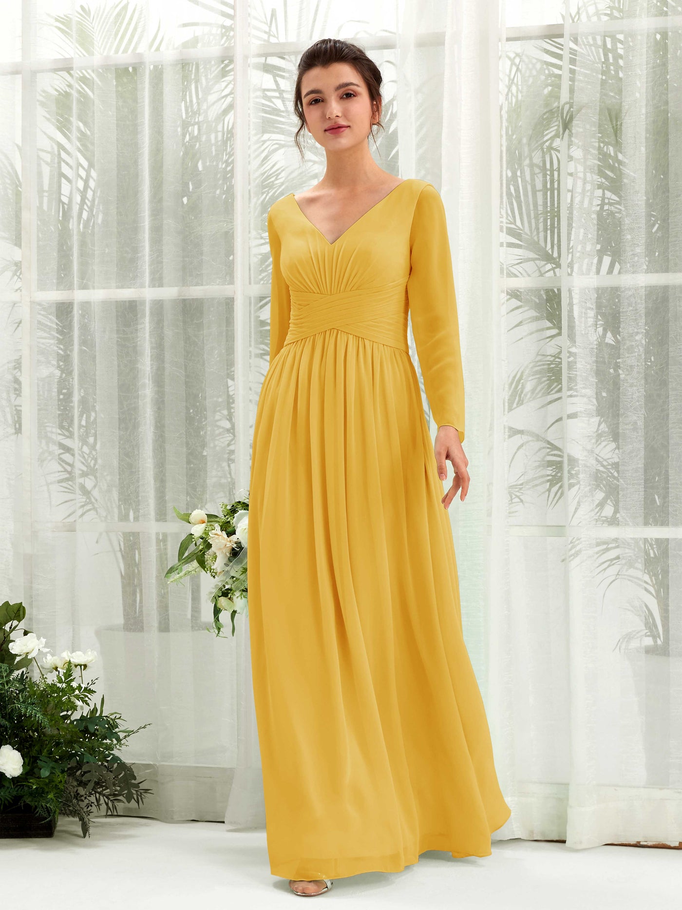 Carlyna A-Linien-Kleid V-Ausschnitt Langarm bodenlang Brautjungfernkleid Senfgelb #farbe_senfgelb