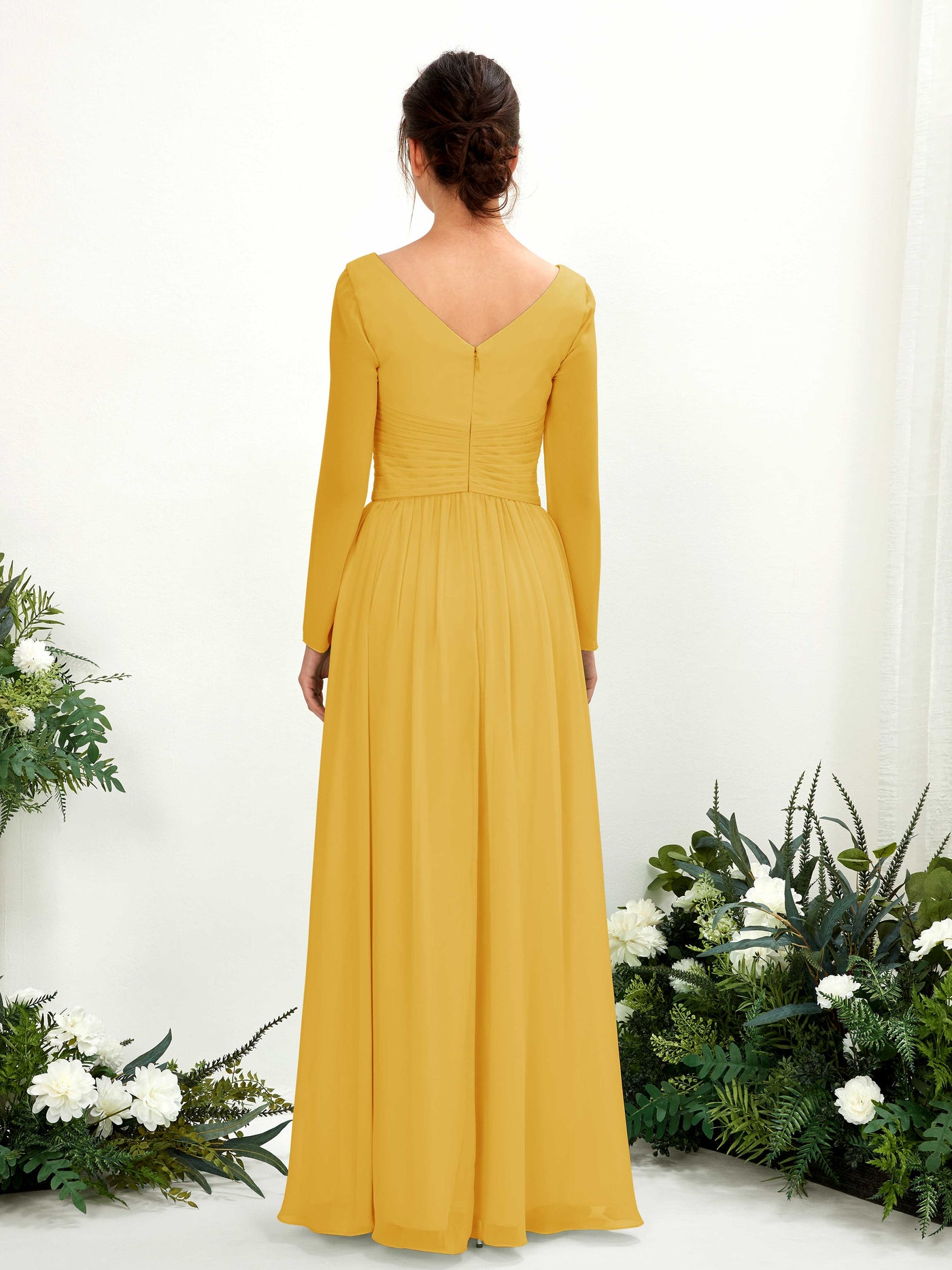 Carlyna A-Linien-Kleid V-Ausschnitt Langarm bodenlang Brautjungfernkleid Senfgelb #farbe_senfgelb