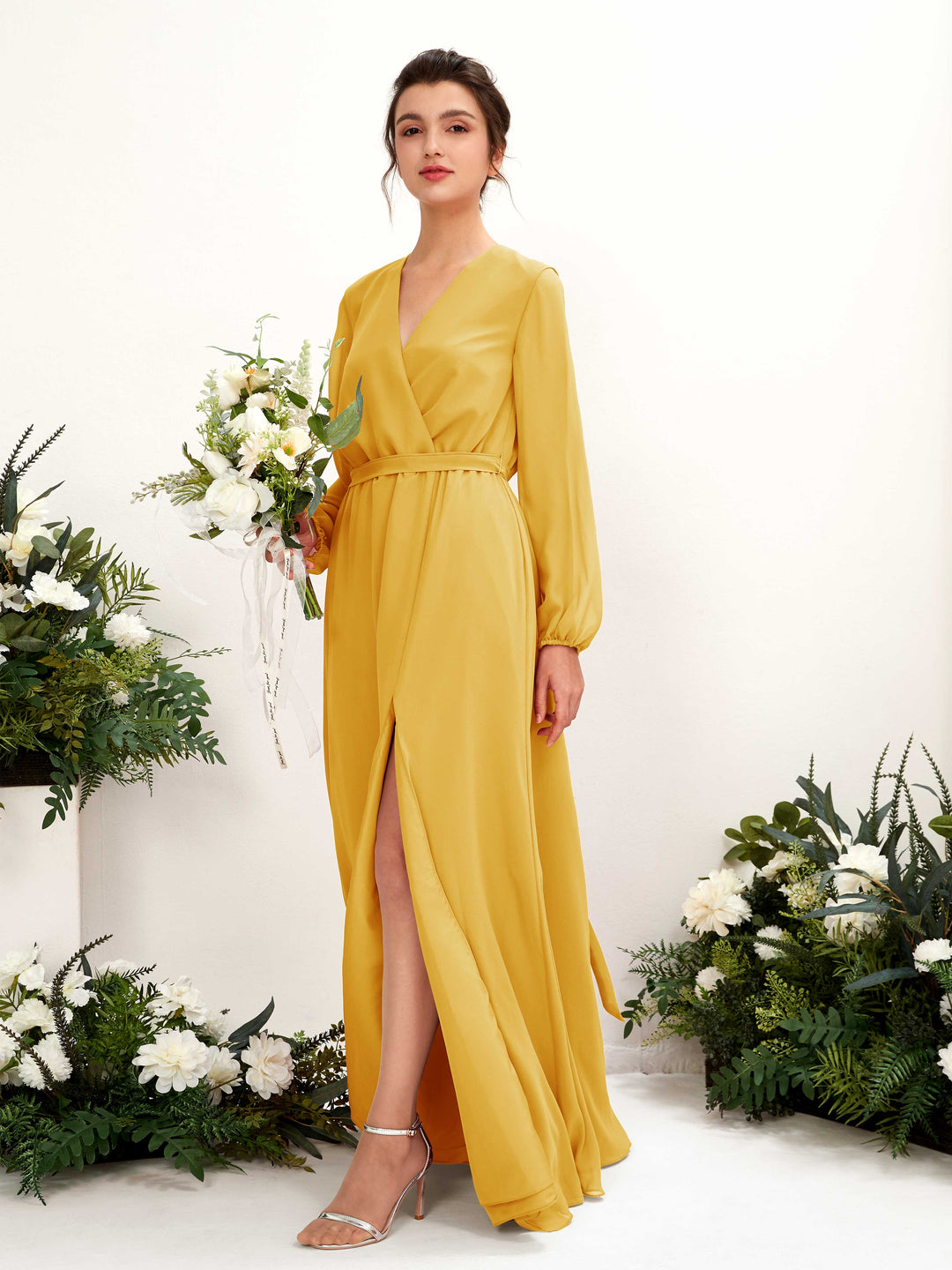 Carlyna A-Linien-Kleid V-Ausschnitt Langarm Bodenlang Brautjungfernkleid Senfgelb 