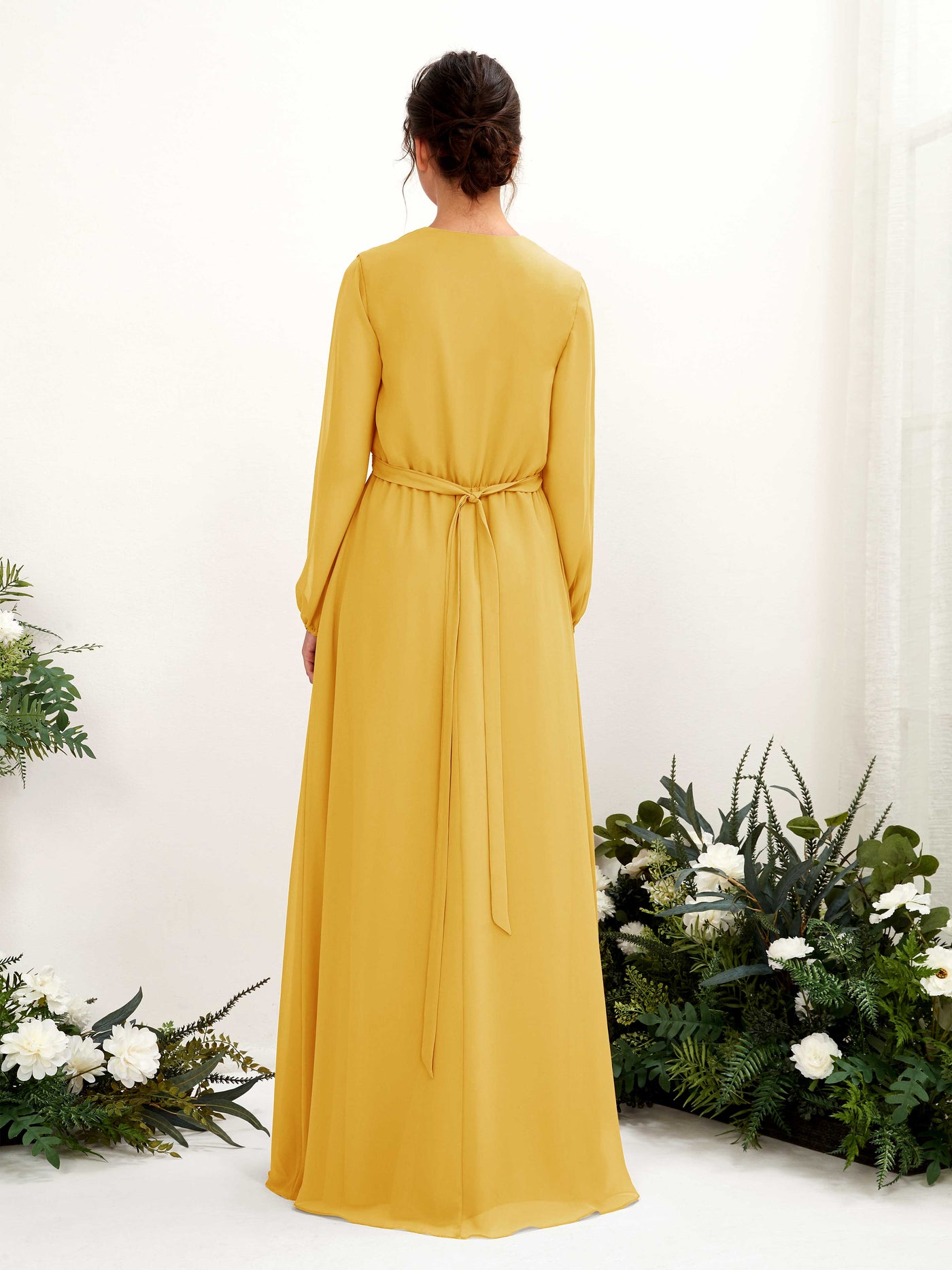 Carlyna A-Linien-Kleid V-Ausschnitt Langarm Bodenlang Brautjungfernkleid Senfgelb #farbe_senfgelb