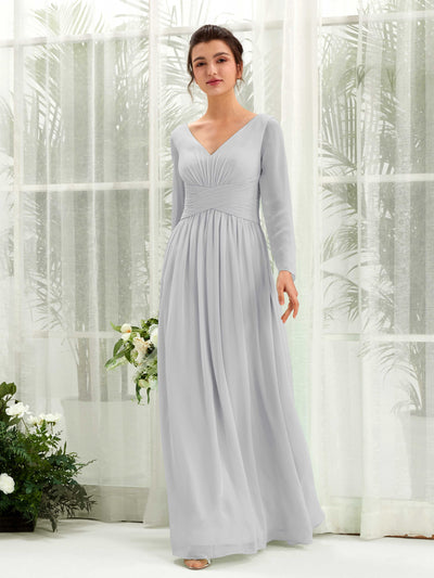 Carlyna A-Linien-Kleid V-Ausschnitt Langarm bodenlang Brautjungfernkleid Silber #farbe_silber