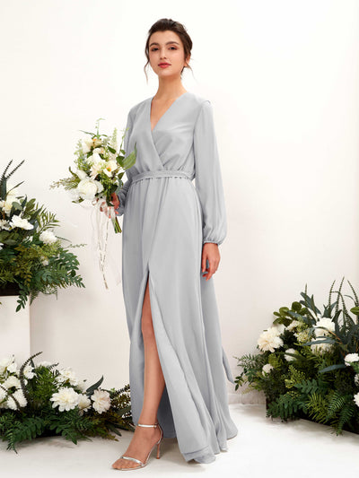 Carlyna A-Linien-Kleid V-Ausschnitt Langarm Bodenlang Brautjungfernkleid Silber #farbe_silber