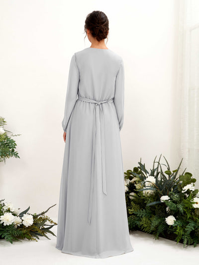 Carlyna A-Linien-Kleid V-Ausschnitt Langarm Bodenlang Brautjungfernkleid Silber #farbe_silber