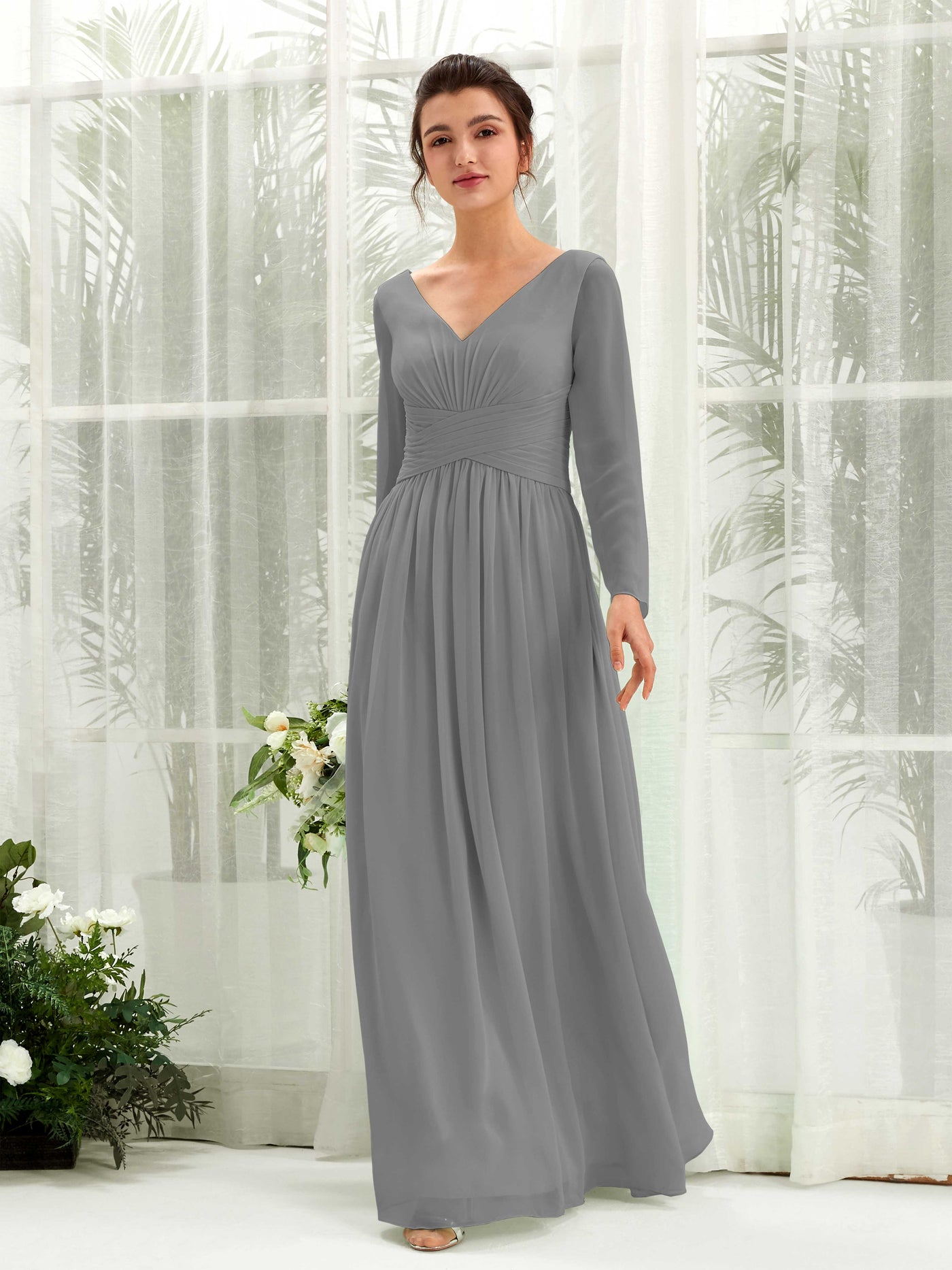 Carlyna A-Linien-Kleid V-Ausschnitt Langarm bodenlang Brautjungfernkleid Stahlgrau #farbe_stahlgrau