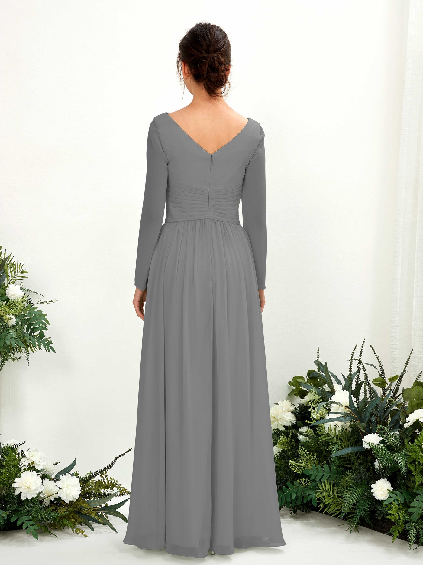 Carlyna A-Linien-Kleid V-Ausschnitt Langarm bodenlang Brautjungfernkleid Stahlgrau #farbe_stahlgrau
