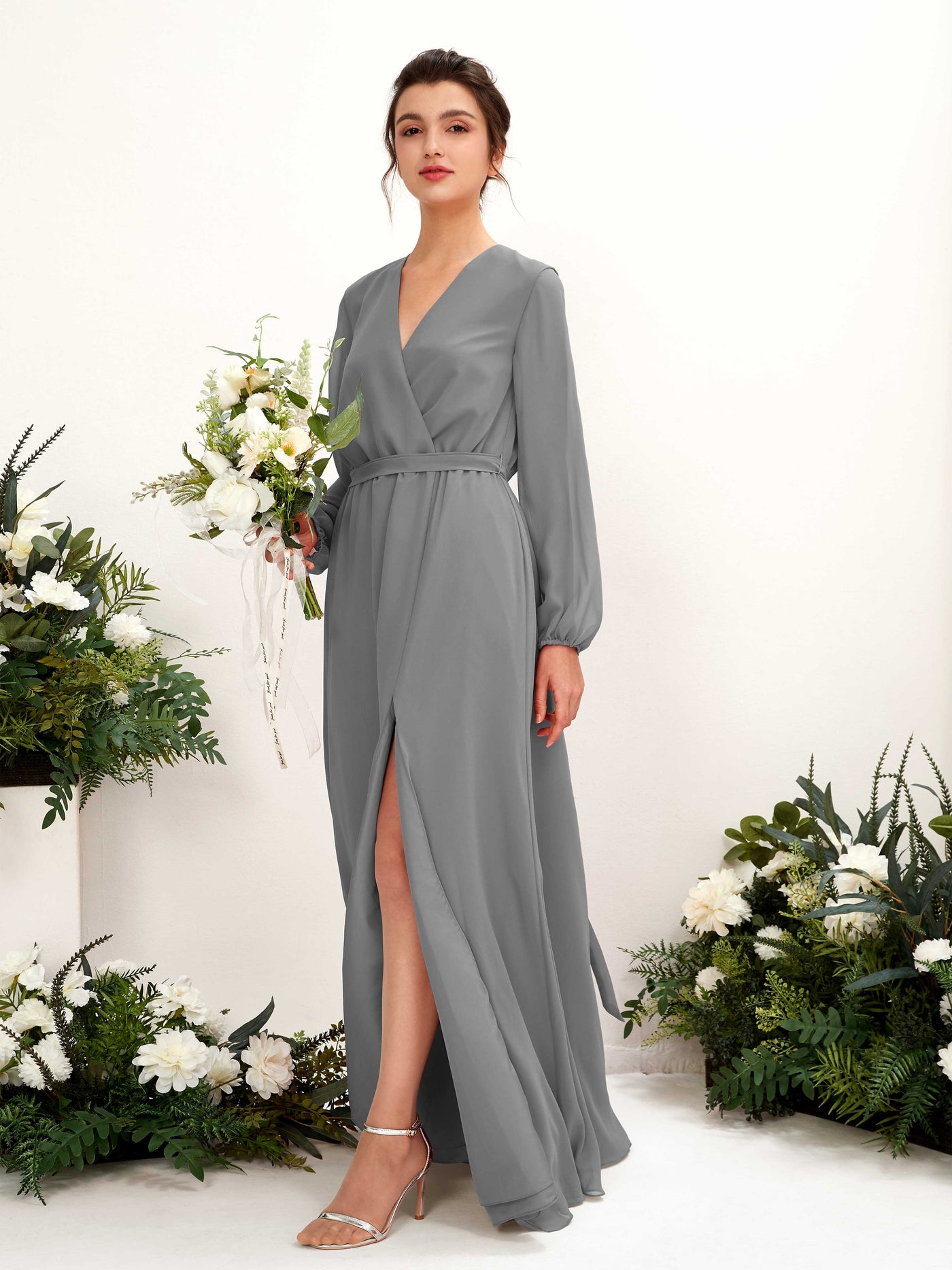 Carlyna A-Linien-Kleid V-Ausschnitt Langarm Bodenlang Brautjungfernkleid Stahlgrau #farbe_stahlgrau