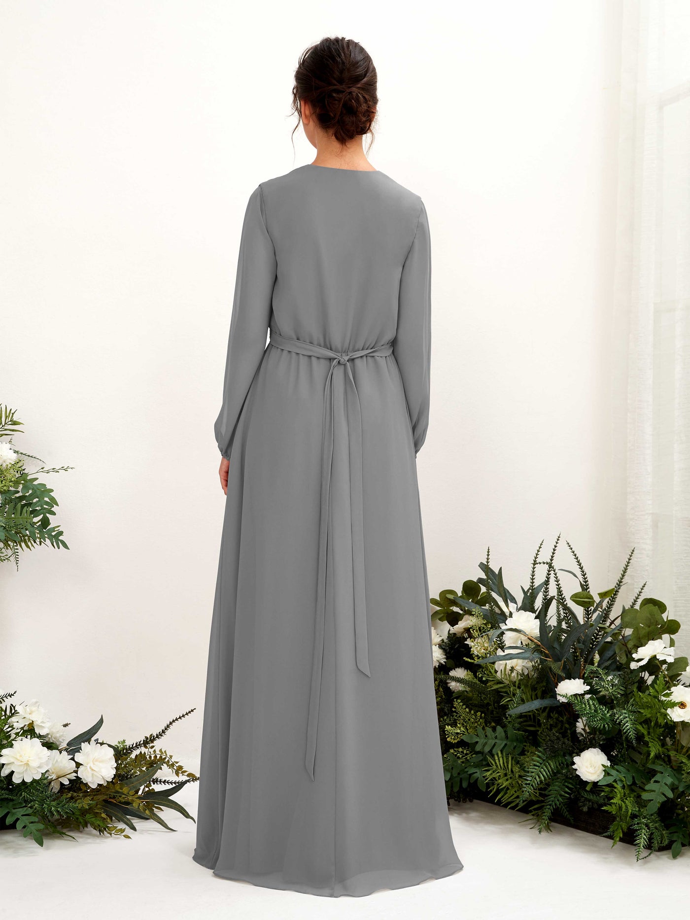 Carlyna A-Linien-Kleid V-Ausschnitt Langarm Bodenlang Brautjungfernkleid Stahlgrau #farbe_stahlgrau