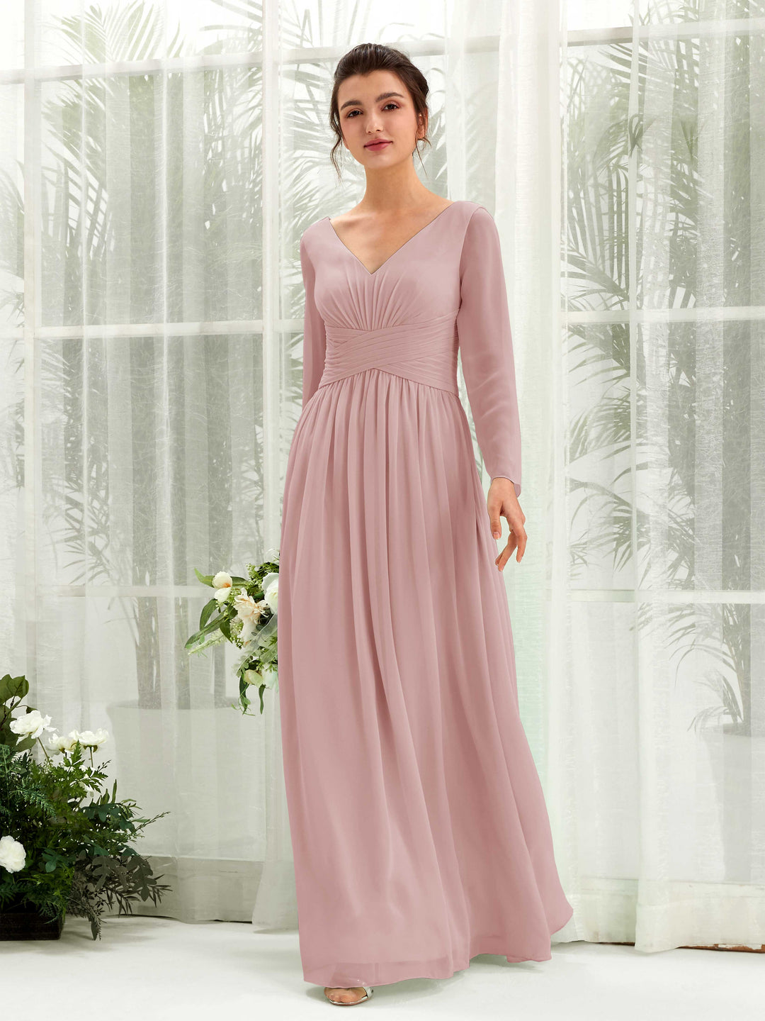 Carlyna A-Linien-Kleid V-Ausschnitt Langarm bodenlang Brautjungfernkleid Staubige Rose 