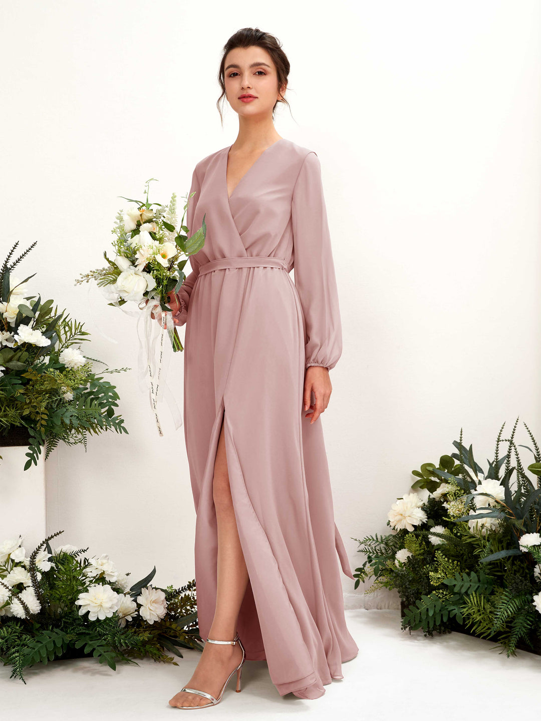 Carlyna A-Linien-Kleid V-Ausschnitt Langarm Bodenlang Brautjungfernkleid Staubige Rose 