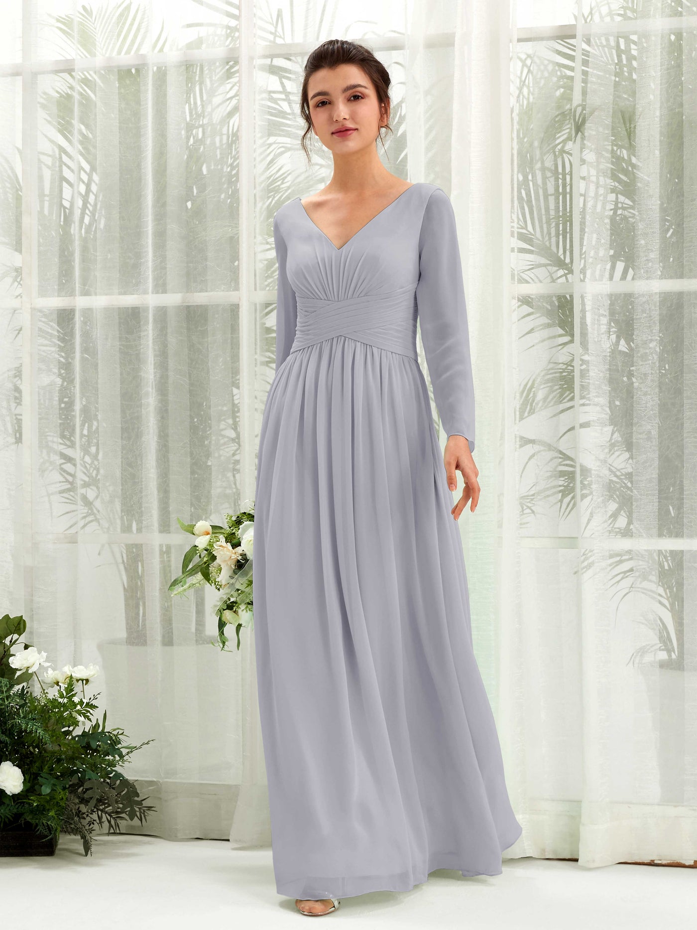 Carlyna A-Linien-Kleid V-Ausschnitt Langarm bodenlang Brautjungfernkleid Staubiger Lavendel #farbe_staubiger-lavendel
