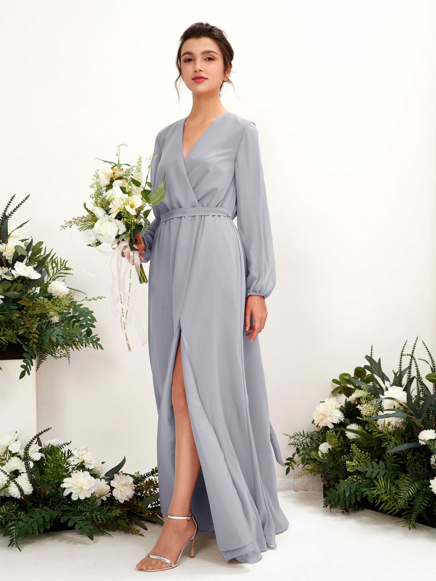 Carlyna A-Linien-Kleid V-Ausschnitt Langarm Bodenlang Brautjungfernkleid Staubiger Lavendel #farbe_staubiger-lavendel